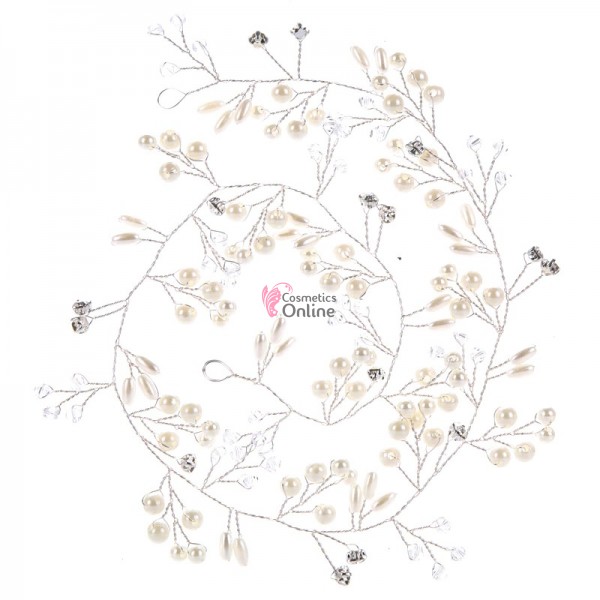 Accesoriu modern pentru decor par WED00E Argintiu cu cristale si perle de 150cm